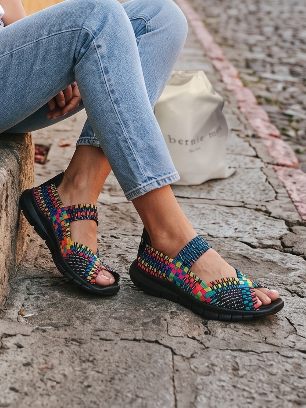 Bernie Mev Comfi Black Multicolor Woven Mary Jane Open-Toe Sandals EU38 7.5